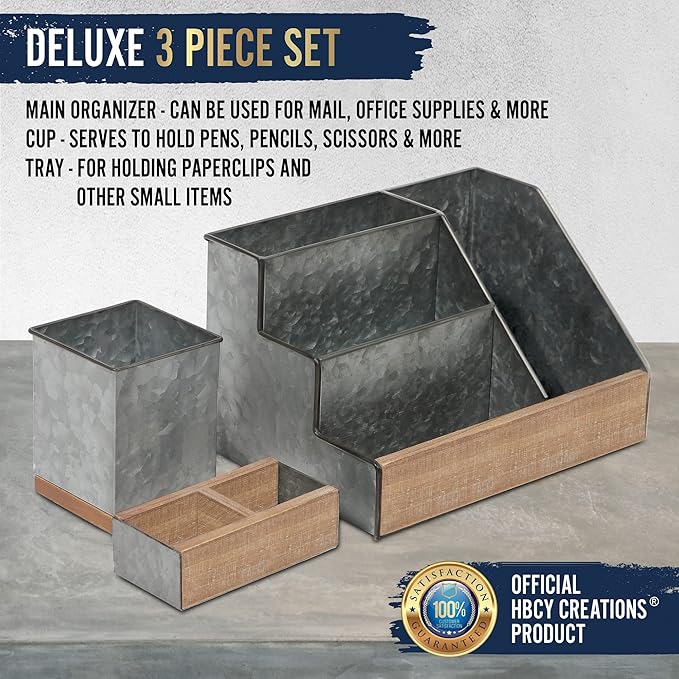 HBCY Creations 3 Piece Galvanized Metal Desk Organizer Set - Rustic Mail Organizer For Desktop - Great For Industrial Home Decor! Makeup Organizer For Vanity