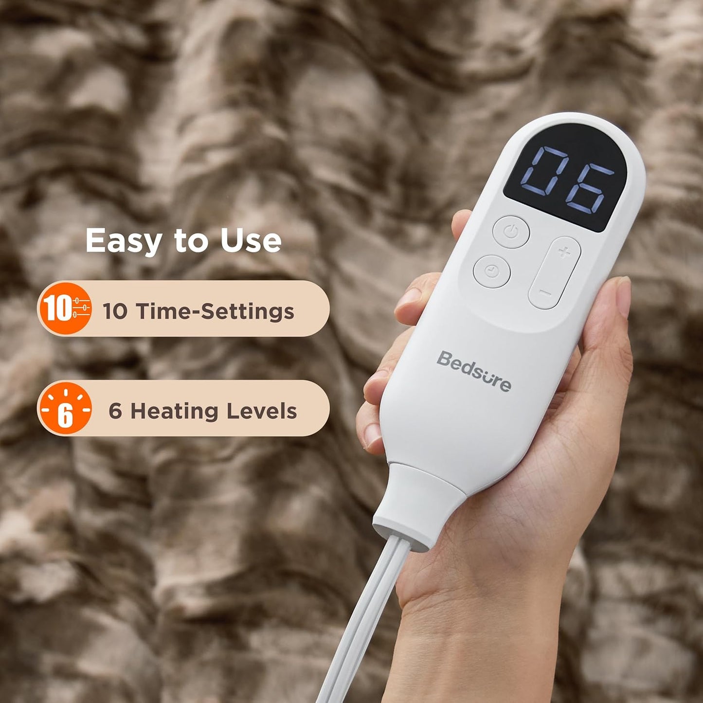 Bedsure Faux Fur Heated Blanket Twin Size, Fast Heating Electric Blanket Twin Size with 6 Heating Levels & 10 Time Settings, Cozy Gifts for Women Men (62x84 inches, Dark Chocolate)