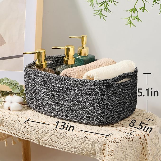 Small Storage Baskets for Organizing | Closet Organizer Bins | Shelf Toy Basket | Woven Rope Baskets | Cube Decorative Box | Shallow Basket | 13x8.5x5.1” | 3 Packs Dark Gray