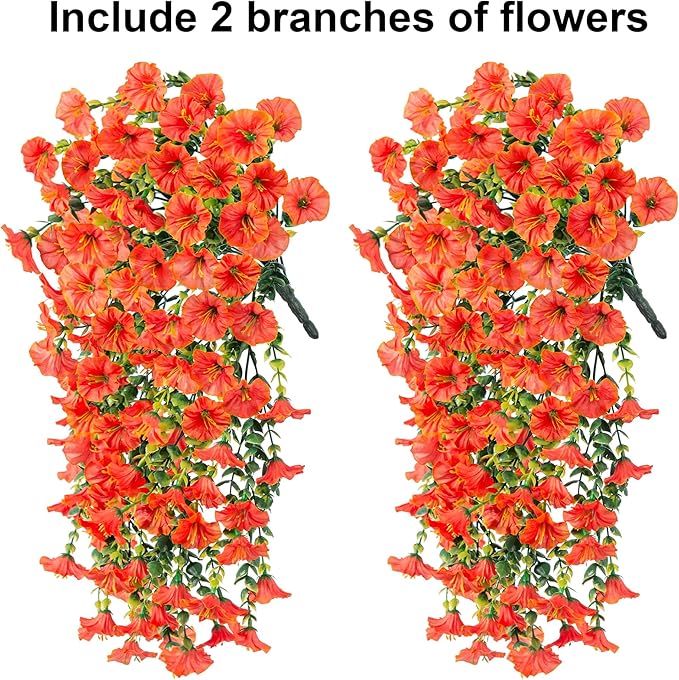Ivydale 2 PCS Artificial Fall Hanging Flowers Fake Plants Outdoor,Silk Morning Glory Faux Flowers with Eucalyptus,UV Resistant Realistic Petunias Plants for Home Garden Decor (Orange(Leaves Green))