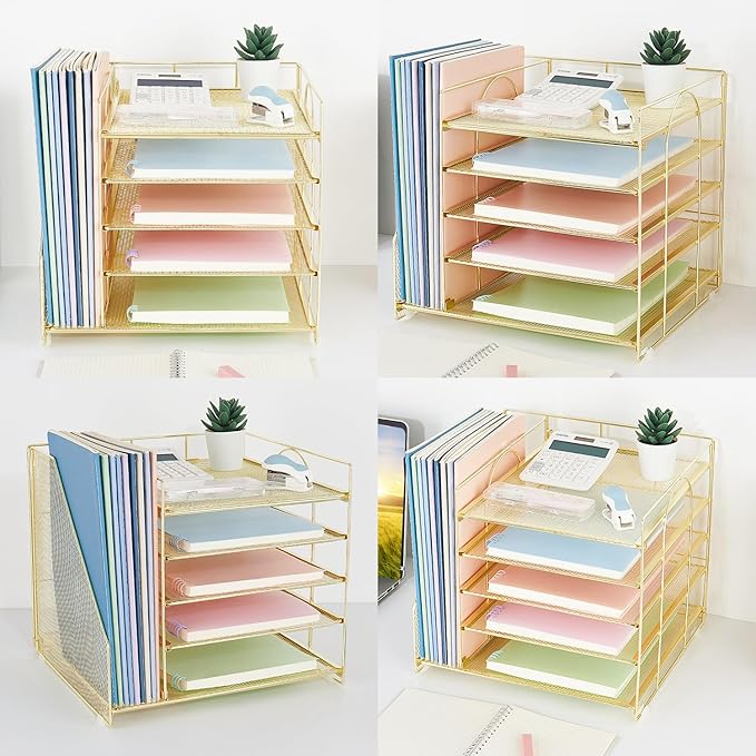 Desk Organizers and Accessories, 5-Tier Paper Letter Tray Organizer with File Holder, Desktop Organizer for Office Supplies, Office Desk Accessories & Workspace (Gold)