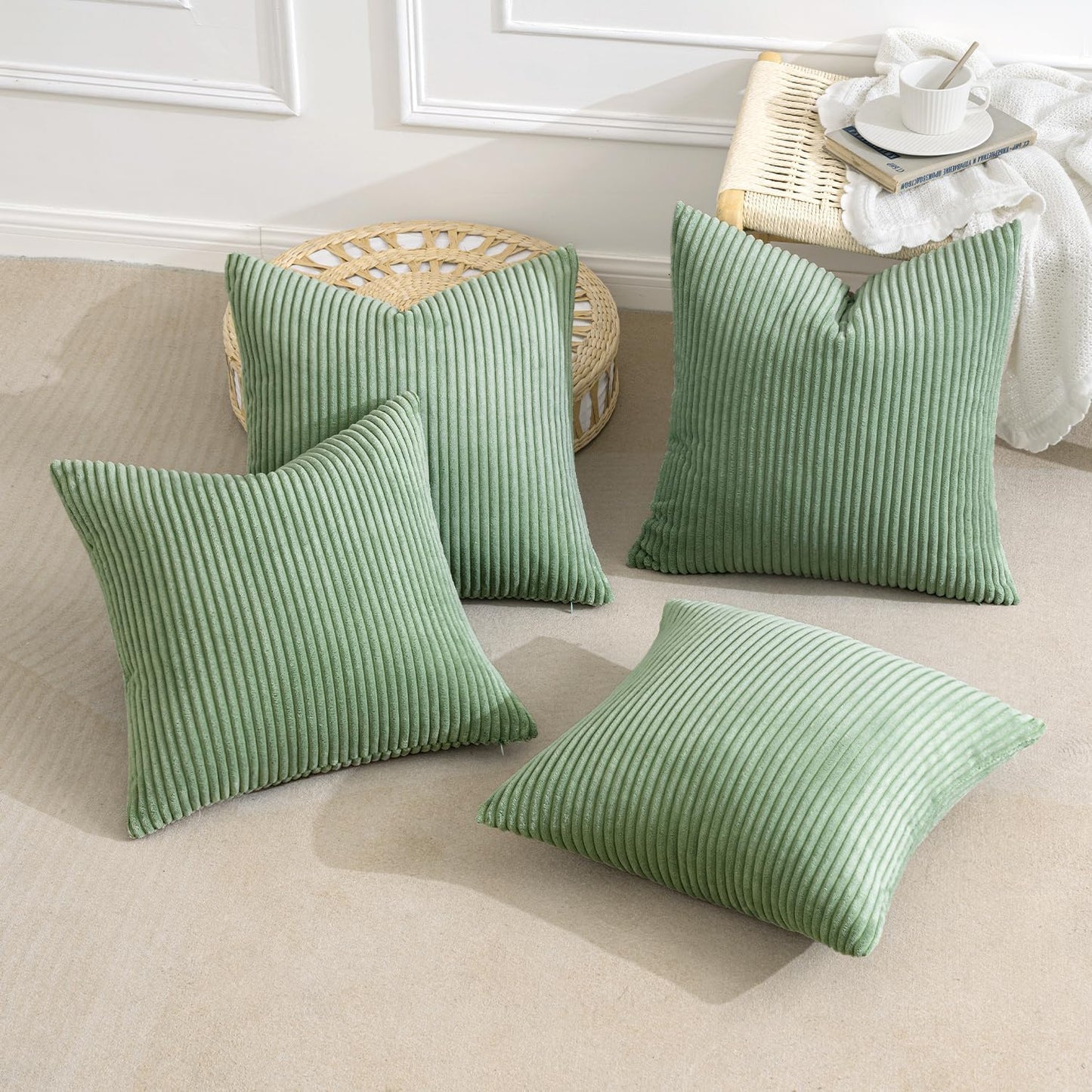 MIULEE Boho Farmhouse Throw Pillow Covers 18x18 Inch Set of 4 Mordern Nordic Cushion Covers Soft Corduroy Home Decor for Couch Bed Sofa Living Room Sage Green