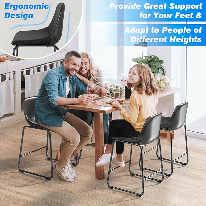 Rfiver Pu Faux Leather Bar Stools Set of 4, Industrial Pub Barstools with Back and Footrest, Modern Armless Bar Height Stool Chairs (Black, 24" Counter Chair x4)