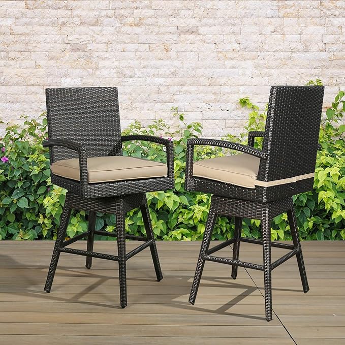 Ulax furniture 2-Pack All-Weather Brown Wicker Outdoor Patio Swivel Bar Stool with Cushion