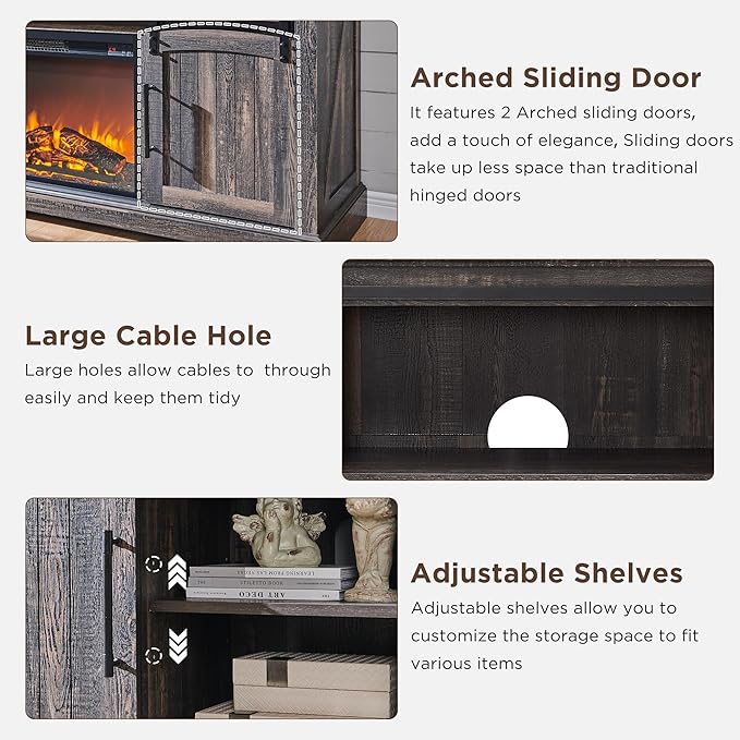 OKD Farmhouse Fireplace TV Stand for 70 Inch TV, 33" Tall Highboy Entertainment Center w/Electric Fireplace, Rustic Media Console w/Sliding Arched Door for Living Room,Dark Rustic Oak