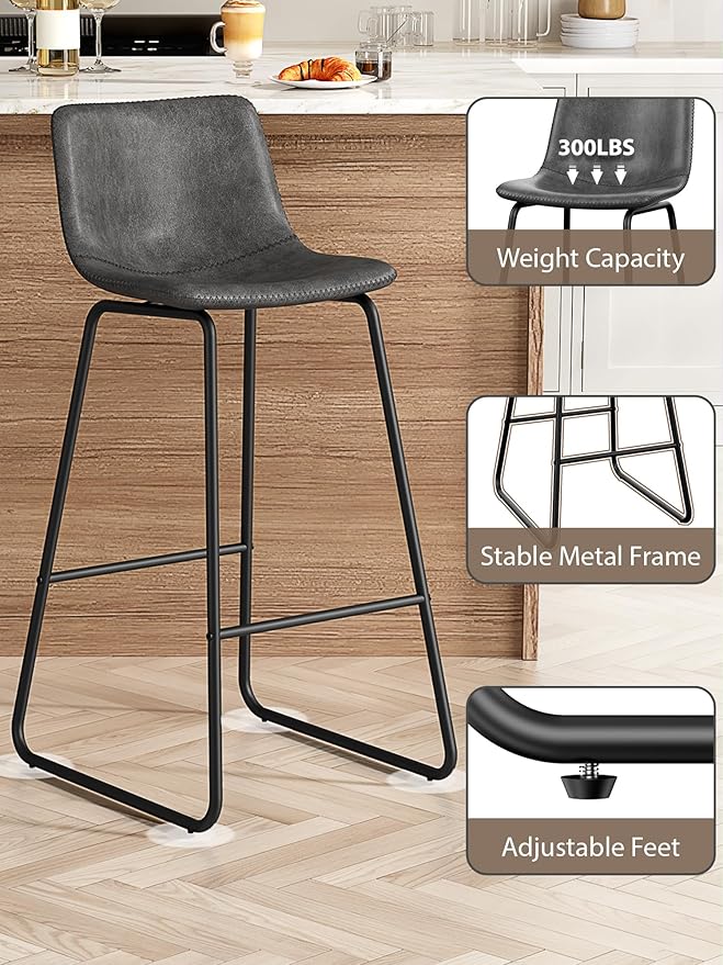 Bar Stools Set of 6, 30 Inches Counter Height Bar Stools with Back, Modern Faux Leather Barstools with Metal Legs and Footrest, Bar Chairs for Kitchens Island (Gray)