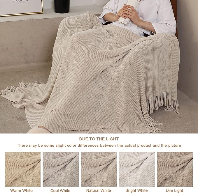 BLAGIC Knitted Throw Blanket for Couch Soft Farmhouse Boho Throw Blanket with Tassels Home Decorative Lightweight Throw Blankets, Throws for Bed/Chair/Sofa, Stripe Textured(Creamy White,50"W x 60"L)