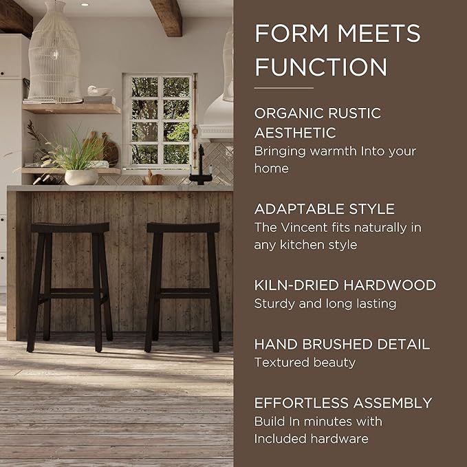 Maven Lane Kitchen Bar Stool, Modern Farmhouse Wood Barstool, Kitchen Island Chairs, Pub Bar Height Stools For Kitchen, Wide Comfortable Seat Backless Bar Stools, Vincent 31 Inch, Antiqued Brown