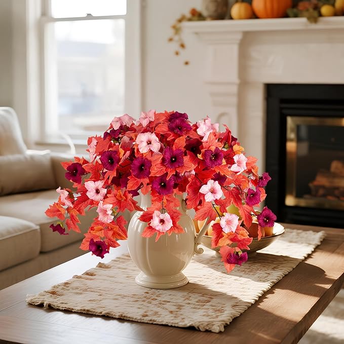 Fake Fall Flowers for Outdoors Decor 2PCS Artificial Flowers Fake Faux Silk Petunias Faux Fall Flower, UV Resistant Autumn Plants for Garden Porch Balcony Realistic Halloween Decoration(Burgundy Pink)