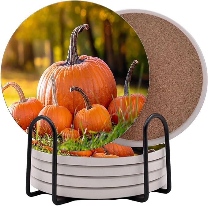 Fall Season Leaves Round Coasters Set of 6 - Abosrbent Ceramic Coasters with Metal Stand for Drinks, Coffee, Non-Slip Cork Back for Tabletop Protection, 4 Inches (Pumpkins)