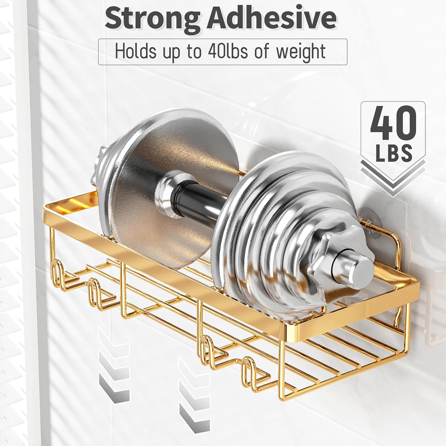 5 Pack Shower Caddy Organizer Rack Shelf for Inside Shower, Self Adhesive Wall Storage Basket Rustproof Stainless Steel Shampoo Holder Bathroom Accessory Decor Set, Gold