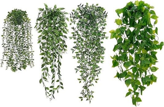 BLEUM CADE Fake Hanging Plants Mixed Set, 4pcs Artificial Hanging Plant, Faux Hanging Potted Plants Greenery for Wall Shelf Home Living Room Indoor Outdoor Decor