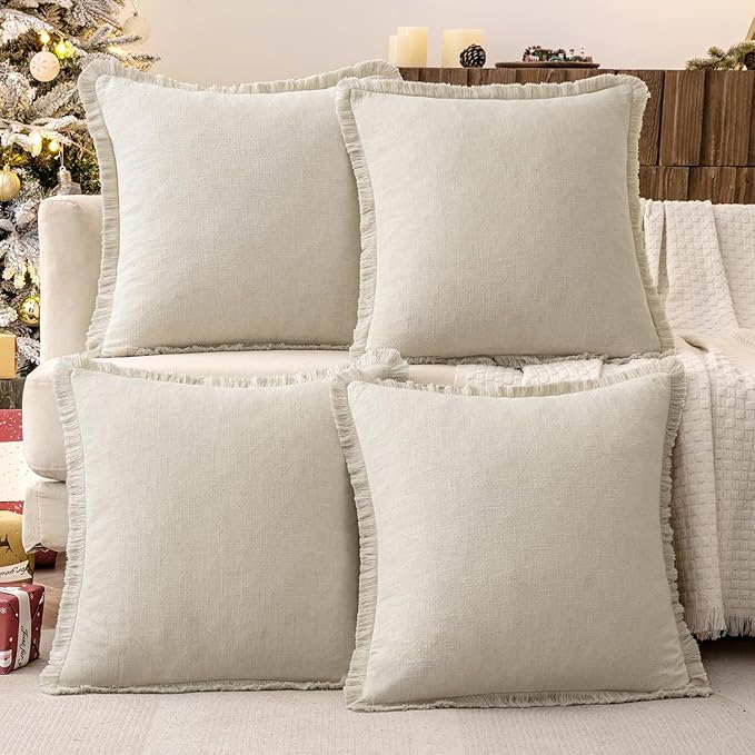 MIULEE Linen Pillow Covers 18x18 Inch Natural Beige Decorative Throw Pillows with Fringe Pack of 4 Soft Farmhouse Boho Couch Pillows Home Decors for Sofa Cushion Living Room Bed