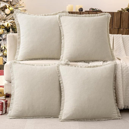 MIULEE Linen Pillow Covers 18x18 Inch Natural Beige Decorative Throw Pillows with Fringe Pack of 4 Soft Farmhouse Boho Couch Pillows Home Decors for Sofa Cushion Living Room Bed
