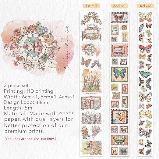 WT Stamped Wings Washi Tape Sticker Set – 3 Rolls Decorative Butterfly & Wing Washi Sticker Tape, Wide Vintage Adhesive Tape for Journaling, Scrapbooking, Planner, DIY Crafts & Wrapping
