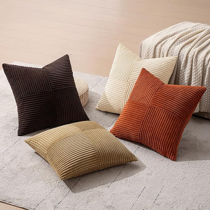 MIULEE Brown Beige Throw Pillow Covers 18x18 Inch Set of 4 Boho Farmhouse Cushion Cases for Livingroom Couch Bed Soft Corduroy Pillow Cases with Invisible Zipper Home Decor