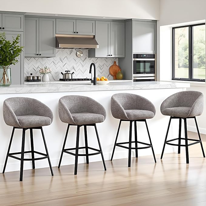 Zesthouse Swivel Counter Height Stools Set of 4, Modern Barrel Bar Stools for Kitchen Island, 26" Upholstered Kitchen Counter Height Barstools with Barrel Arms & Back, Grey Linen Fabric Bar Chairs