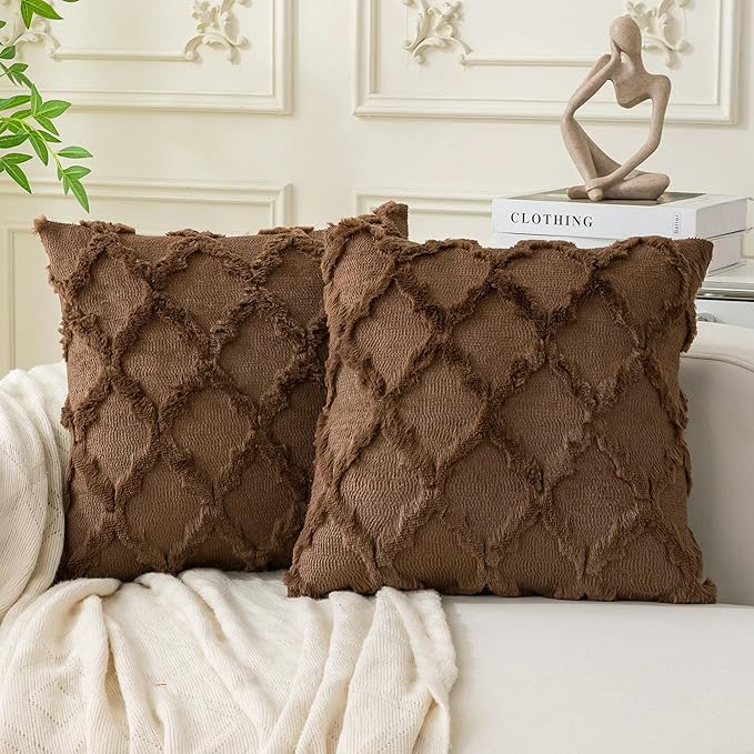 Set of 2 Soft Moroccan Throw Pillow Covers 20x20 Inch Plush Boho Decorative Pillow Cover Accent Cushion Case for Couch Sofa Bed, Deep Brown