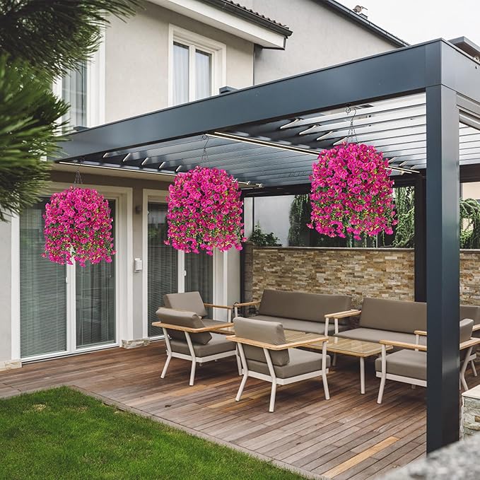 Artificial Faux Hanging Flowers Plant for Outdoor Decor,2 PCS Fake Silk Morning Glory with Eucalyptus UV Resistant Realistic Trailing Vine for Wall Home Porch Patio Balcony Yard Indoor Decor, Fuchsia