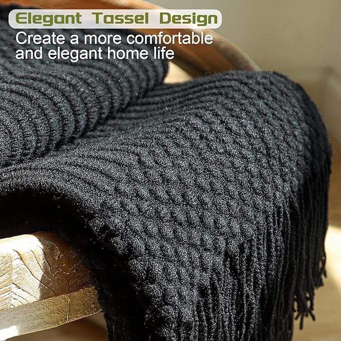 Blagic Knitted Throw Blanket for Couch, Bed and Sofa. Super Soft Blanket with Tassels, Black Throw Blanket, 50 x 60 Inches Lightweight & Cosy Home Decor