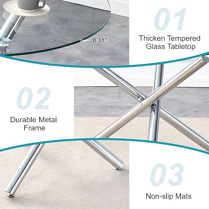 Kitchen Table Classic Dining Table for 4 Round Glass Dining Table 42" Kitchen & Dining Room Tables with Metal Legs and Glass Tabletop for Dining Room and Apartment, Silver