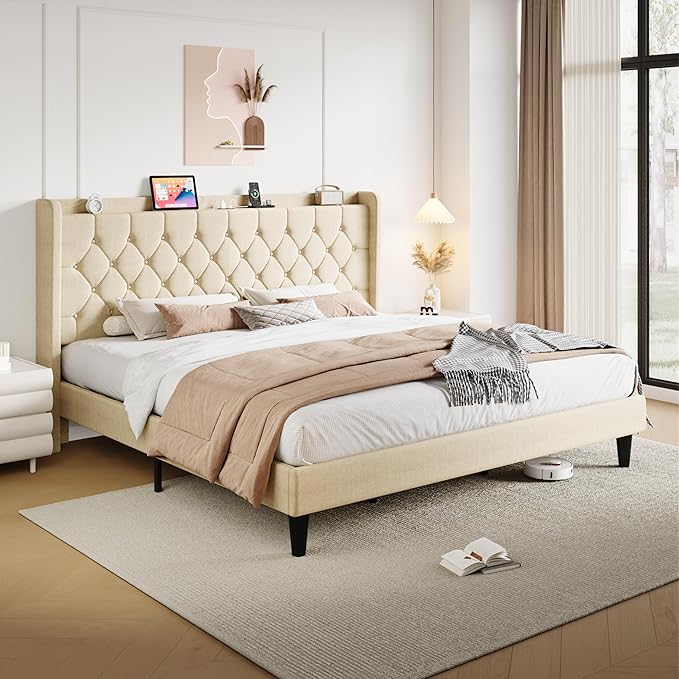 SHA CERLIN King Size Platform Bed Frame with Charging Station, Velvet Wingback Headboard with Storage Shelf, Wooden Slats Support, Ample Under-Bed Space, No Box Spring Needed, Easy Assembly, Beige
