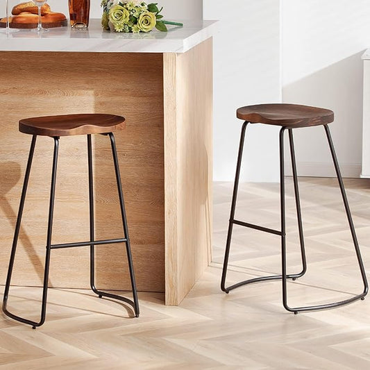 HeuGah Bar Stools, Solid Wood Barstools Set of 2, 30" Bar Height Bar Stools with Metal Leg, Rustic Backless Bar Stool for Kitchen Island, Bar Chairs with Solid Wood Saddle Seat (Walnut, 30 Inch)