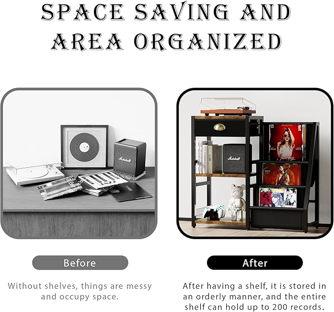 End Table with Vinyl Record Storage,Record Player Stand,3 Tier Turntable Stand with Records Holder,Stand Table for Media Stereo Speaker,Amplifiers,Magazines-Vintage