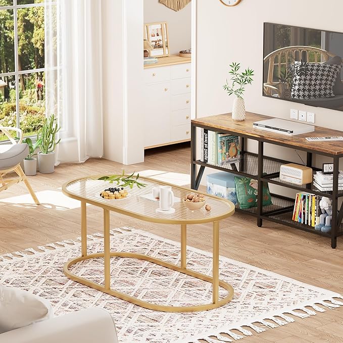 Coffee Table Gold Glass Coffee Table for Living Room, Oval Table Center Table with Ribbed Glass Top and Sturdy Metal Frame,Modern Glass Accent Tables for Bedroom Home Office