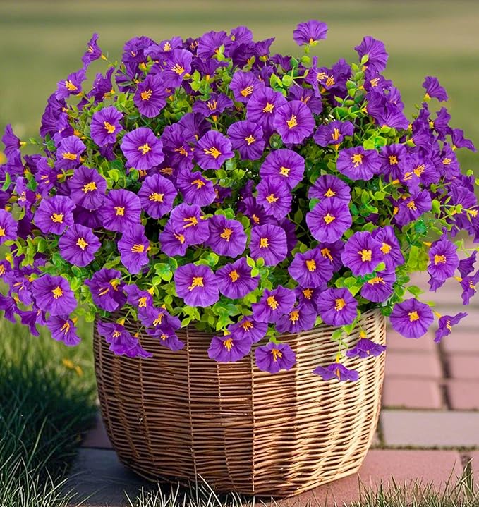 Ouddy Decor 24 Bundles Artificial Flowers for Outdoors Decoration Fake Silk Morning Glory Flowers Faux Eucalyptus Plants UV Resistant for Porch Patio Garden Spring Summer Home Decor, Purple