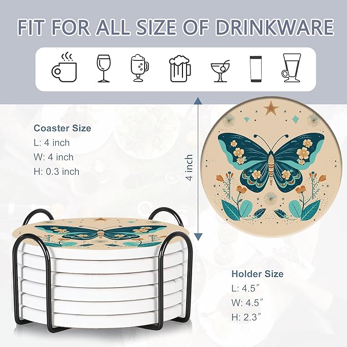 Coaster for Drinks Set of 6, Boho Butterfly Flower Absorbing Round Ceramic Stone Coaster with Cork Base,Tabletop Protection Mat for Mugs and Cups,Coffee Table Wine Glass Home Bar 4 Inch
