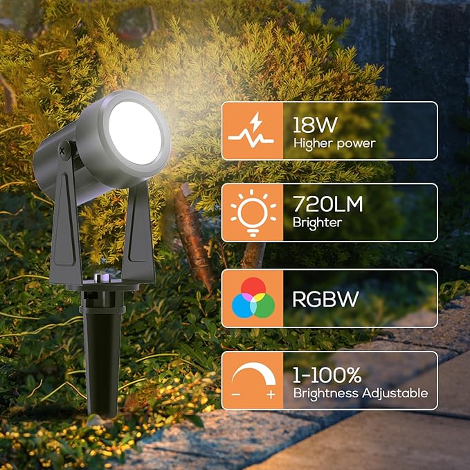 SUNTHIN Outdoor Landscape Lighting with Remote, RGBW Color Changing Spot Uplights, 6 Pack