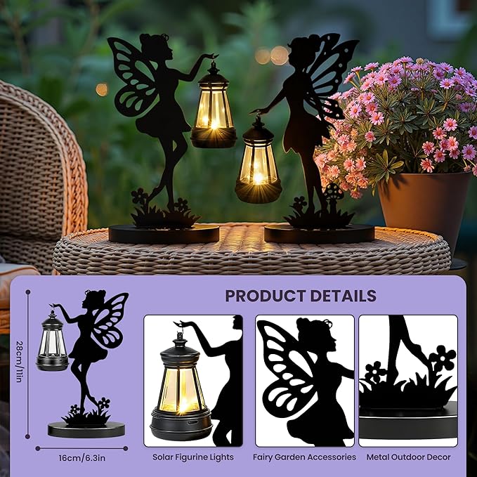 Solar Garden Statues Outdoor Decor, Fairy Garden Accessories, Housewarming Ornament Gift for Women Mom Grandma, Metal Decorative Figurine Light for Patio, Lawn, Yard, Pathway