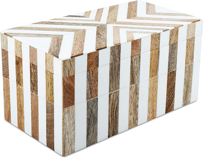 Handicrafts Home Marquet Chevron Decorative Box Shelf Decor, Dressing Table Organizer, Storage Box with Lid–Resin Inlay & Wood Organizer Box–Modern Decor, Keepsake, Jewelry Box for Women-10X5X5 Inch