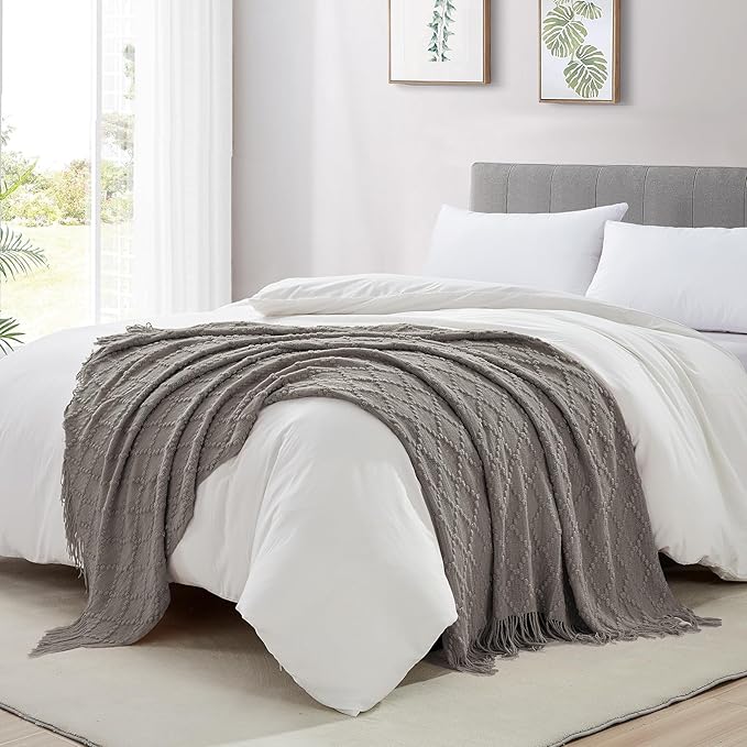 BOURINA Dark Grey Throw Blanket 50 x70 Inches Jacquard Argyle Throw Textured Solid Soft Throws and Blankets for Sofa or Bed Knitted Decorative Blanket
