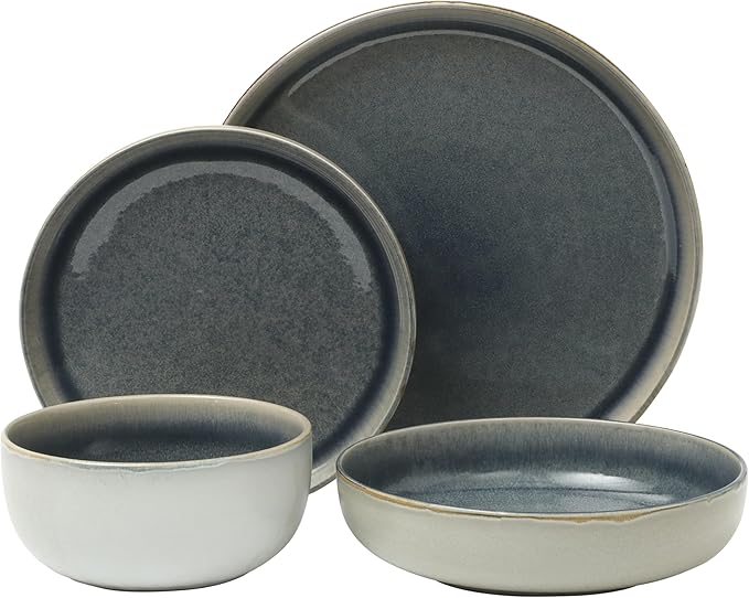 Gibson Elite Sunveil 16 Piece (Service for 4) Plates and Bowls Reactive Glaze Round Dishes Stoneware Ceramic Dinnerware Set -Blue