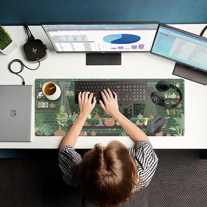 Kawaii Rainy Night Desk Mat Green Plants Gaming Mouse Pad XL, Aesthetic Anime Black Cat Desk Pad Laptop Computer Keyboard Mouse Mat, Desktop Decor Accessories for Girl Women Office 31.5"x11.8"
