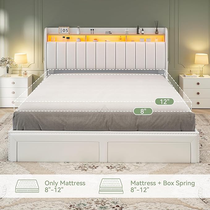Torana Full LED Bed Frame with 2 Drawers, PU Leather Upholstered Storage Wingback Headboard Beds, Channel Tufted Platform Bedframe with Rivet Decor, No Box Spring Needed, White