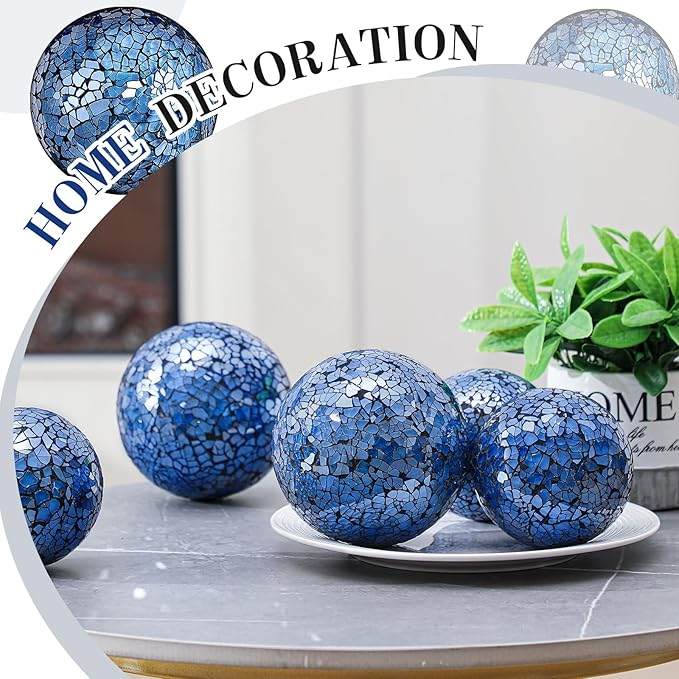 8 Pcs 3'' 4'' Decorative Ball for Centerpiece Bowls Glass Mosaic Sphere Decorative Orbs for Bowl Vase Fillers Christmas Wedding Party Dining Room Table Decor(Blue)