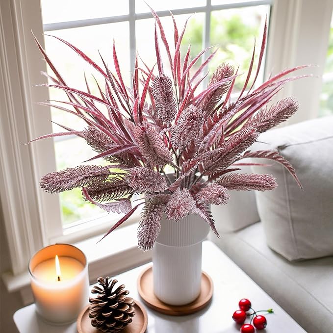 7 PCS Christmas Stems for Vases, 26 in Faux Stems Fake Plants Winter Stem Greenery Branches Fake Leaves Faux Foliage for DIY Craft Garland Home Kitchen Office Indoor Centerpiece Table Decor, Purple