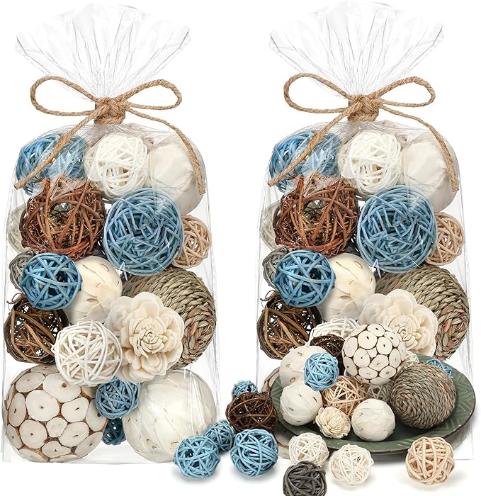 Riceshoot 2 Pack Decorative Balls Potpourri Bowl Filler Decor Natural Vase Bowl Filler Assorted Spherical Rattan Twigs Wicker Balls Cotton for Home Centerpiece(Blue)
