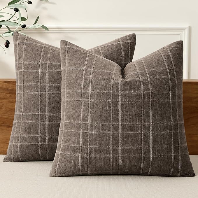 MIULEE Decorative Linen Check Throw Pillow Covers Neutral Farmhouse Vintage Pillow Covers 20x20 Set of 2 Boho Modern Winter Home Decor for Sofa Couch Bedroom Cushion Brown
