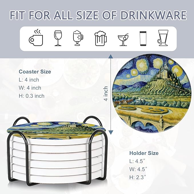 Drink Coasters Set of 6 with Holder, Van Gogh Style Absorbent Ceramic Coasters with Cork Base,Fit All Cups,Great Gift for Housewarming,Room Decor,Bar,Holiday Party