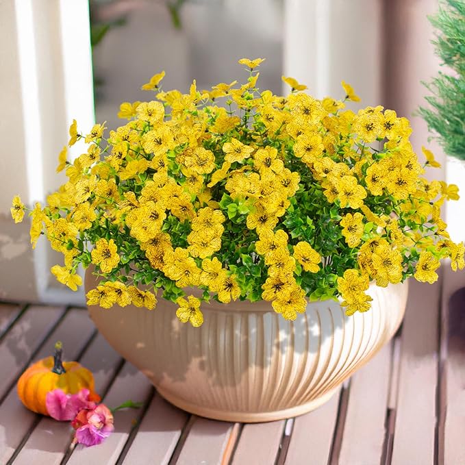 16 Bundles Artificial Flowers Outdoor Spring Summer Decoration Fake Silk Colorful Daisy Eucalyptus Realistic UV Resistant Outside Faux Plants for Garden Porch Window Box Home Decor(Yellow)