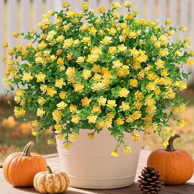 Ivydale Artificial Fall Flowers Plants Fake Mums for Autumn Outdoors Decoration, 12 Bundles Faux Plastic Daisy UV Resistant Greenery Bushes Shrubs for Home Porch Patio Garden (Yellow)