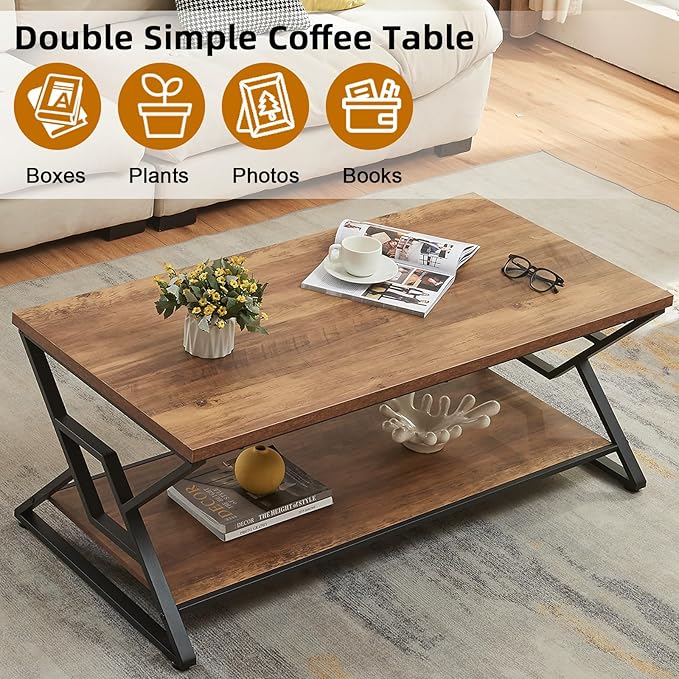 HOMISSUE Coffee Table, Rustic Rectangle Coffee Table with 2-Tier Storage, Engineered Wood Center Table with Open Shelves, Minimalist Coffee Table for Living Room, 47 Inch, Oak Brown