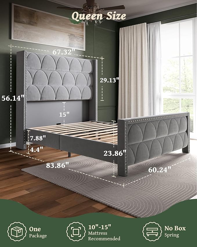 Queen Size Bed Frame with 56" Headboard - 900LBS Capacity Support, Velvet Upholstered Wingback Platform Bed Frame, Noise Free, Sturdy Wooden Slat Support