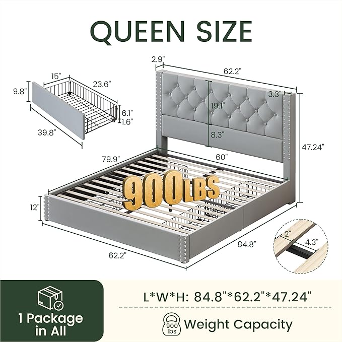 LARMACE Queen Size Bed Frame Upholstered Platform Bed with 4 Storage Drawers and Tufted Headboard Velvet Bed Frame with Heavy Duty Wood Slats, No Box Spring Needed, Easy Assembly, Bluish Grey