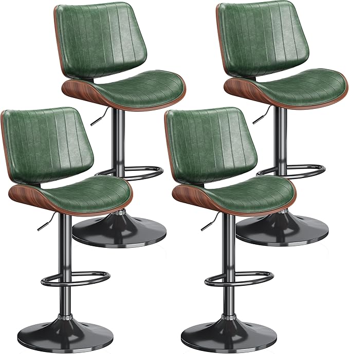 Swivel Bar Stools Set of 4, Adjustable Bentwood Barstools for Kitchen Counter, Modern PU Leather Upholstered Bar Chair with Back and Footrest, for Kitchen Island, Bar, Dining Room, Green