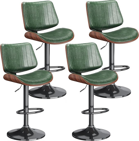 Swivel Bar Stools Set of 4, Adjustable Bentwood Barstools for Kitchen Counter, Modern PU Leather Upholstered Bar Chair with Back and Footrest, for Kitchen Island, Bar, Dining Room, Green